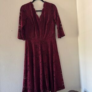 Burgundy Lace Dress with 3/4 Length Sleeve